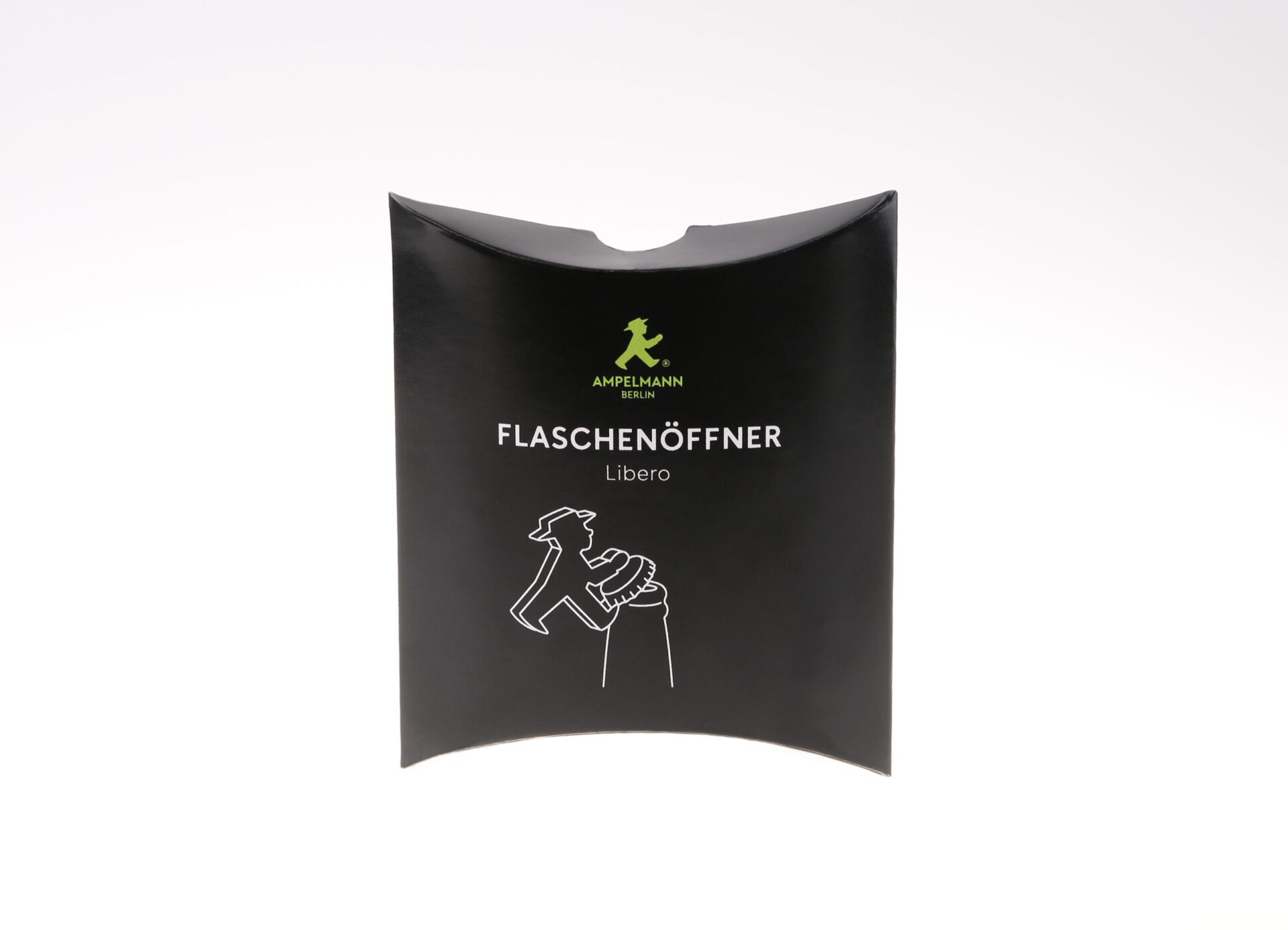 Schwarze Produktverpackung des Ampelmann-Flaschenöffners „Libero“ mit grünem Ampelmännchen-Logo und weißer Grafik eines Flaschenöffnungs-Vorgangs.