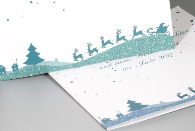 Druckveredelung mit Glitterlack Weihnachtskarte