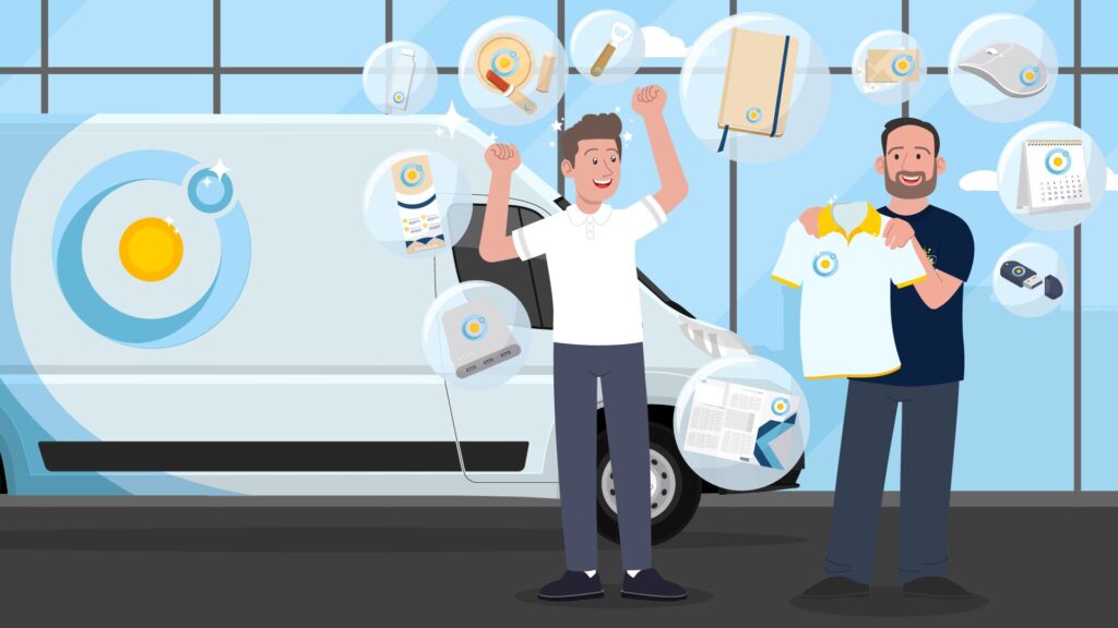 Illustration zweier Männer vor Lieferfahrzeug mit Werbeartikeln wie USB-Stick, Kalender, Poloshirt und Broschüren – Symbol für erfolgreiche Werbemittelumsetzung.