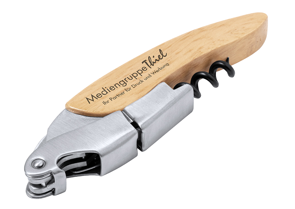 Eleganter Kellnermesser-Korkenzieher aus Holz und Edelstahl mit Gravur der Mediengruppe Thiel.