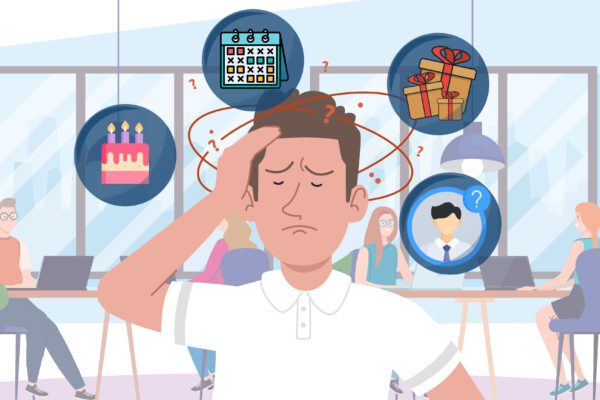 Gestresster Mitarbeiter in einem Großraumbüro, überfordert von der Planung von Geburtstagen und Geschenken, dargestellt durch schwebende Symbole für Kalender, Torte, Geschenke und Kollegen.