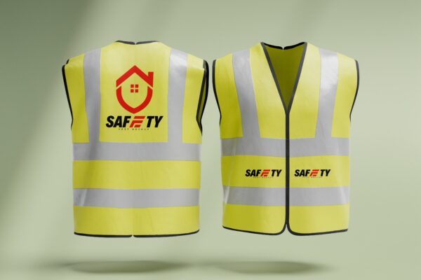 Zwei reflektierende Sicherheitswesten in Gelb mit schwarzer und roter Aufschrift 'Safety', Vorder- und Rückansicht, vor hellem Hintergrund.