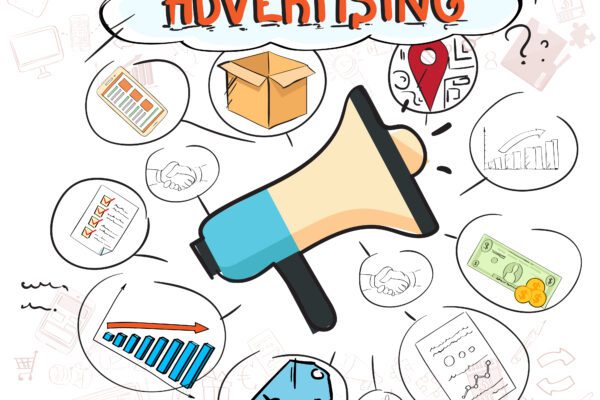 Illustration eines Megafons mit dem Schriftzug 'Advertising', umgeben von Symbolen für Werbung, Zielgruppen, Erfolg, Geld und Wachstum auf hellem Hintergrund.