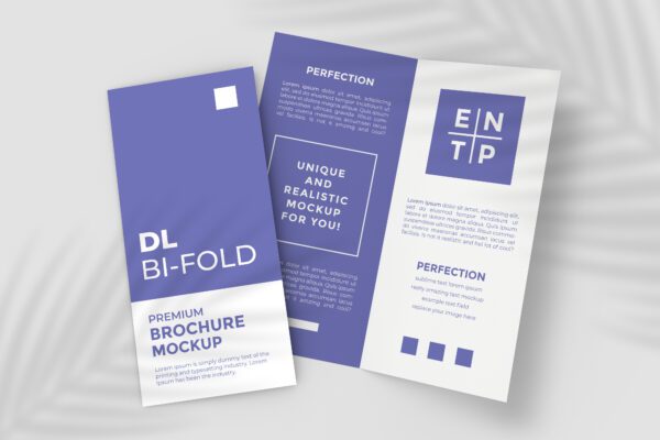 Zweifach gefaltete DL-Broschüre mit modernem, lila-weißen Design auf hellem Hintergrund, eine geschlossen, eine geöffnet dargestellt.