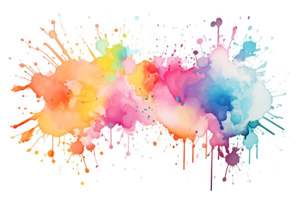 Buntes Aquarell-Splash mit leuchtenden Farbverläufen in Rot, Orange, Gelb, Pink, Blau und Türkis auf weißem Hintergrund