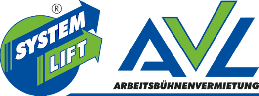Logo von AVL SYSTEM LIFT Arbeitsbühnenvermietung mit stilisierten Pfeilen in Blau und Grün – Partner für Höhenzugangstechnik und Hubarbeitsbühnen