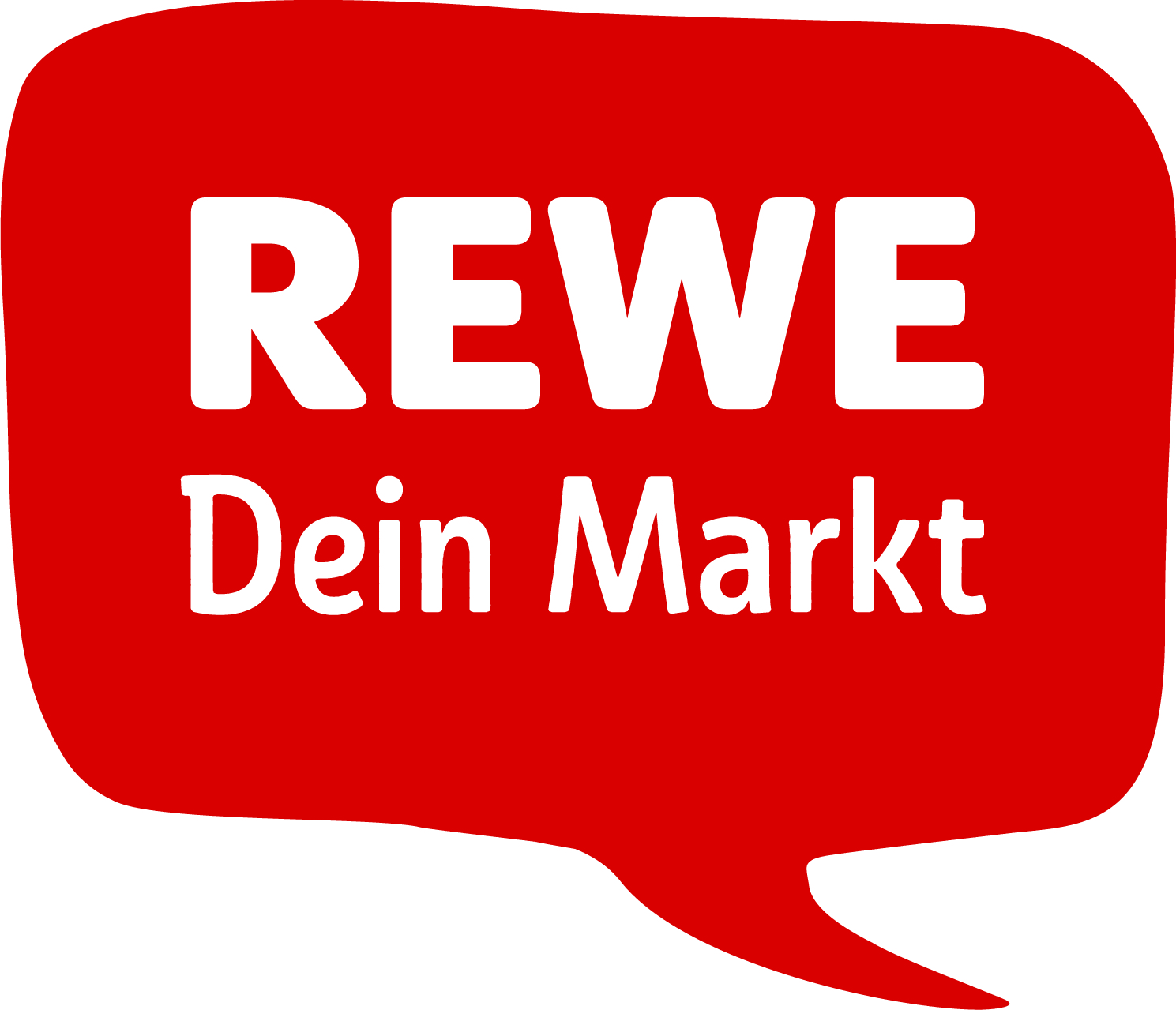 REWE Logo in weißer Schrift auf roter Sprechblase mit dem Slogan „Dein Markt“ – Supermarktmarke in Deutschland