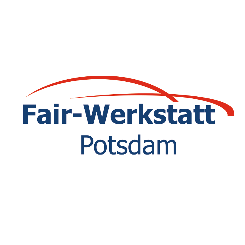 Logo der Fair-Werkstatt Potsdam mit roter Fahrzeuglinie und blauer Schrift – KFZ-Service mit fairer Beratung und transparenter Preisgestaltung