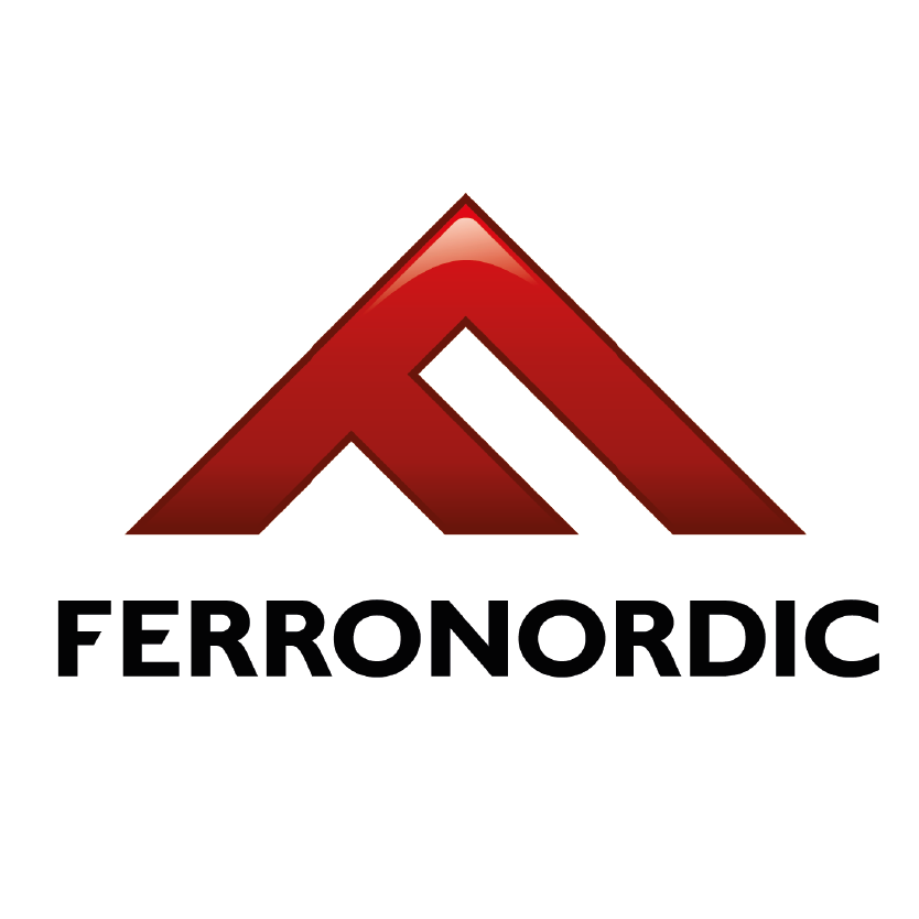 Ferronordic Firmenlogo mit stilisiertem roten Berg-Symbol und schwarzer Schrift – Spezialist für Baumaschinen, Service und Ersatzteile in Europa und Asien