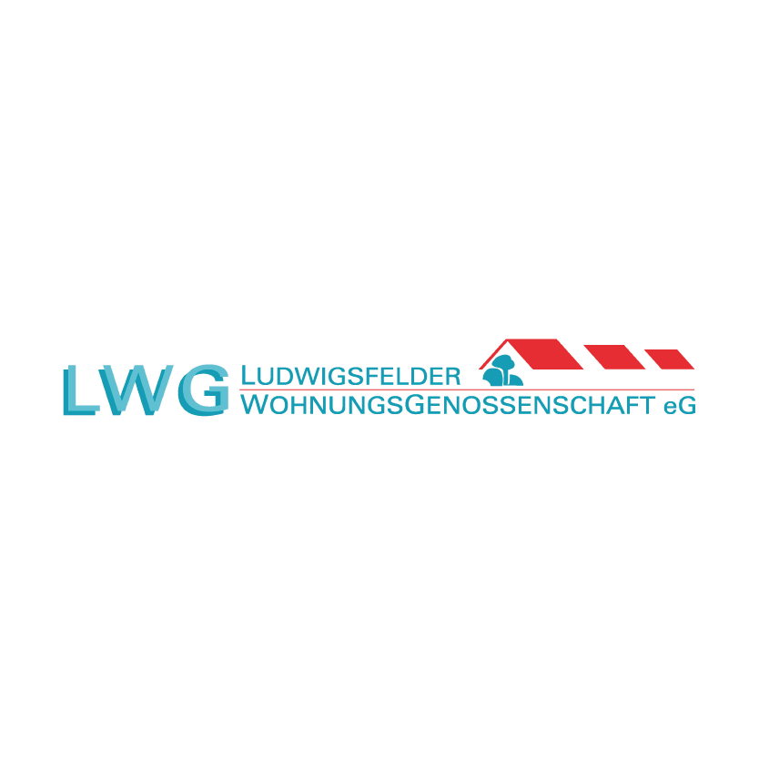 Logo der Ludwigsfelder Wohnungsgenossenschaft eG mit stilisiertem Dach, Personen-Symbol und modernem Schriftzug – Wohnungsbau in Ludwigsfelde