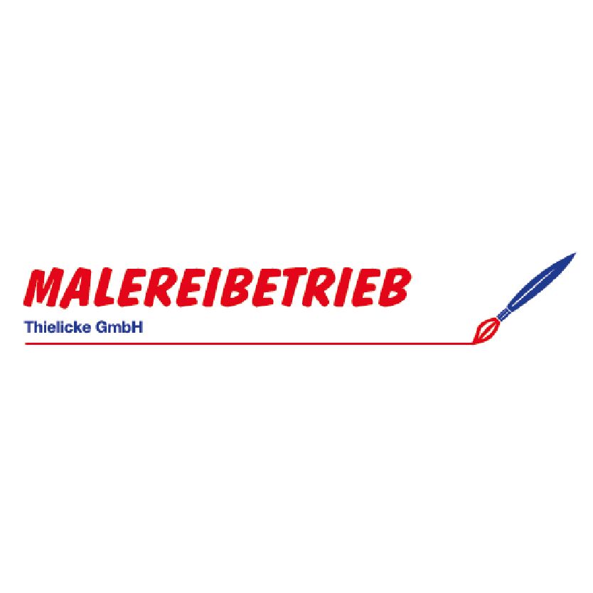 Logo des Malereibetriebs Thielicke GmbH mit roter Schrift, blauer Unterschrift und stilisiertem Pinsel – Fachbetrieb für Malerarbeiten und Renovierung