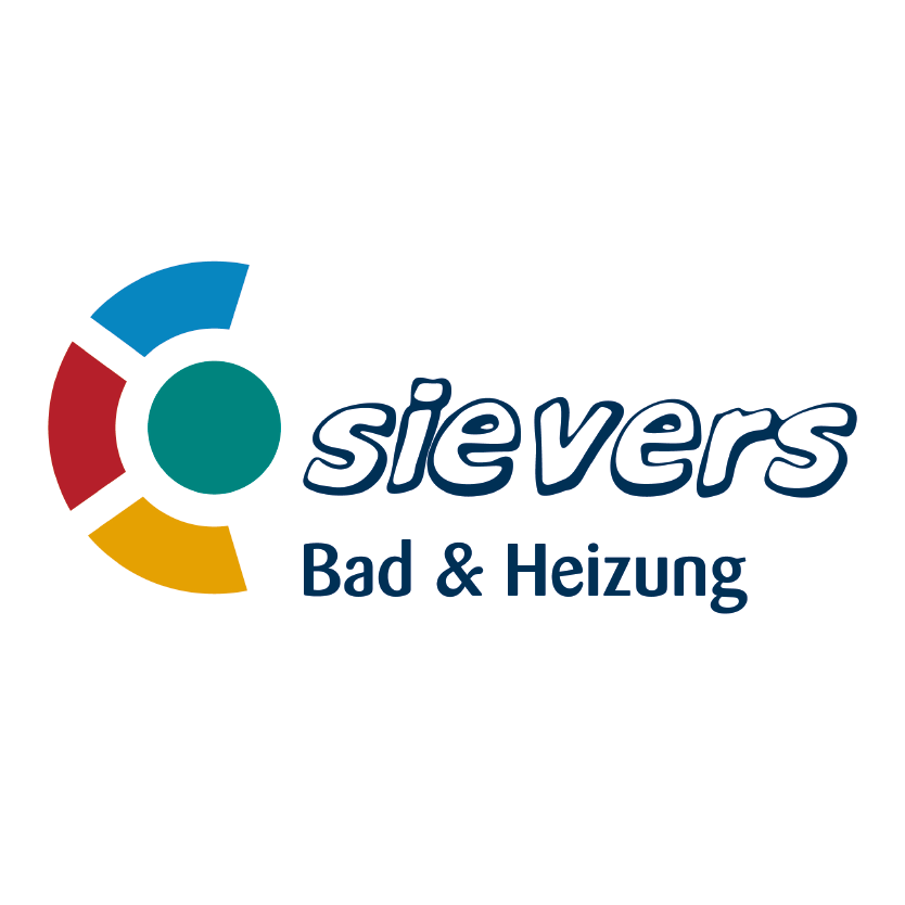 Logo von sievers Bad & Heizung mit modernem Design in Blau, Rot, Gelb und Türkis – Experte für Sanitär, Heizung und Badmodernisierung