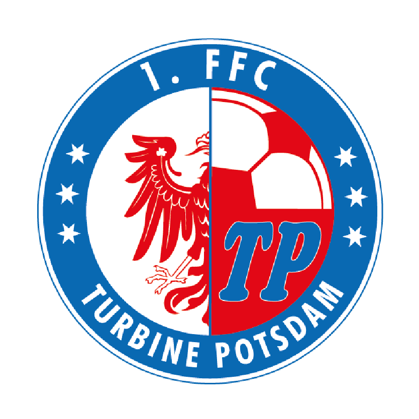 Logo des 1. FFC Turbine Potsdam mit Brandenburg-Adler und Fußballsymbol in Blau-Rot-Weiß