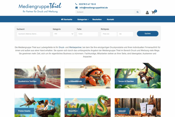 Screenshot des Online-Shops der Mediengruppe Thiel mit Produktkategorien wie Druckservice Textilien, Schlüsselbänder, Tassen, Promo-Snacks, Wow-Effekt und Kalender