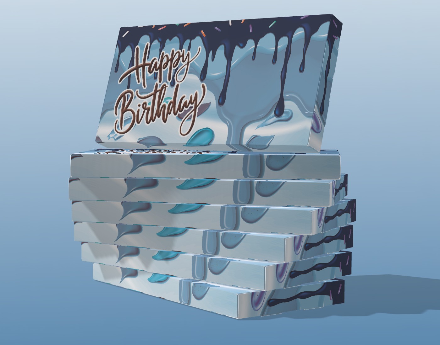 Geschenkebox Mitarbeiterbindung: Geburtstags-Stapel Gestapelte, flache Geschenkeboxen „Happy Birthday“ mit Kuchenmotiv in Draufsicht; sauber arrangiertes Set für Mitarbeitergeschenke.