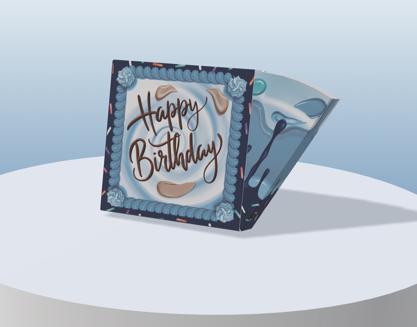 Geschenkebox Mitarbeiterbindung: Klappbox Geburtstag Geburtstags-Klappbox mit Kuchenmotiv und „Happy Birthday“-Design; geöffnete Verpackung mit Einsatz, sauber arrangiert.