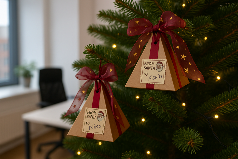 Zwei pyramidenförmige Geschenkboxen mit roten Schleifen und Etikett „From Santa to …“ hängen am geschmückten Tannenbaum im Büro.