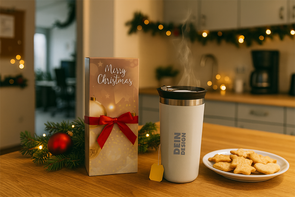 Stimmungsbild mit aufrecht stehender Geschenkebox im winterlichen Look; cleanes, helles Setting als HR-Visual.