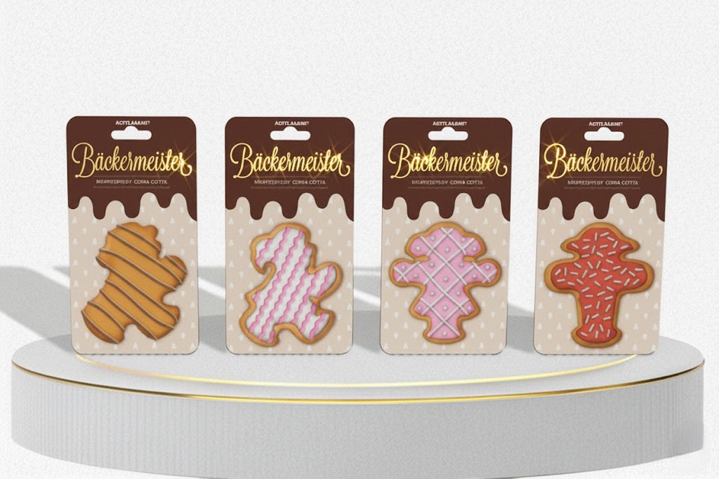 Vier Ausstechformen im Beutel mit Sattelreiter; braun-beiges Design, „Bäckermeister“-Schriftzug in goldener Prägung, auf Podest arrangiert.