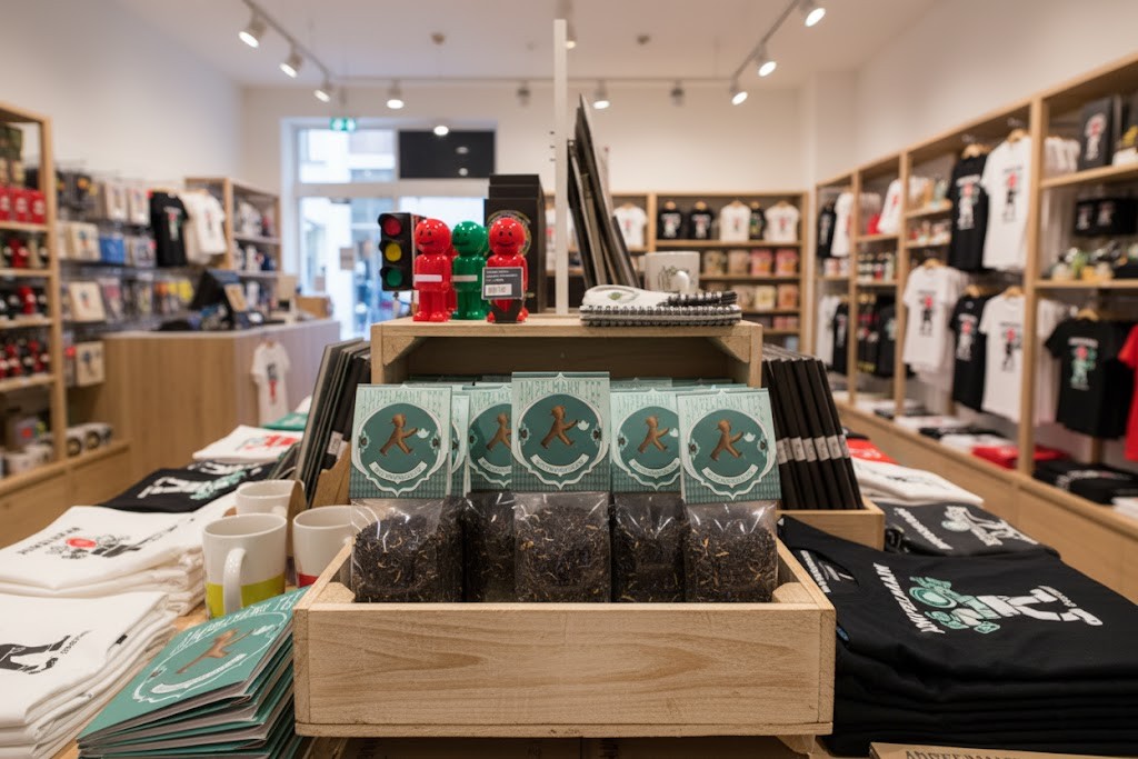 Shop-Innenraum: Holz-Display mit mehreren Teebeuteln im Ampelmann-Design, Sattelreiter-Karten oben, flankiert von T-Shirts und Merch.