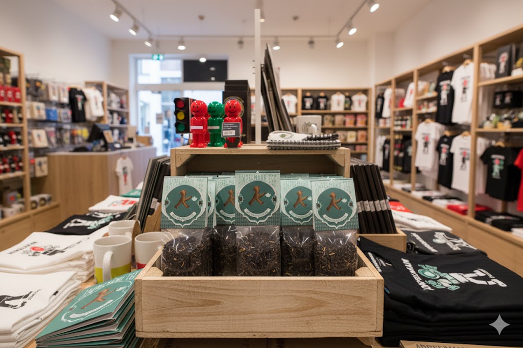 Shop-Innenraum: Holz-Display mit mehreren Teebeuteln im Ampelmann-Design, Sattelreiter-Karten oben, flankiert von T-Shirts und Merch.