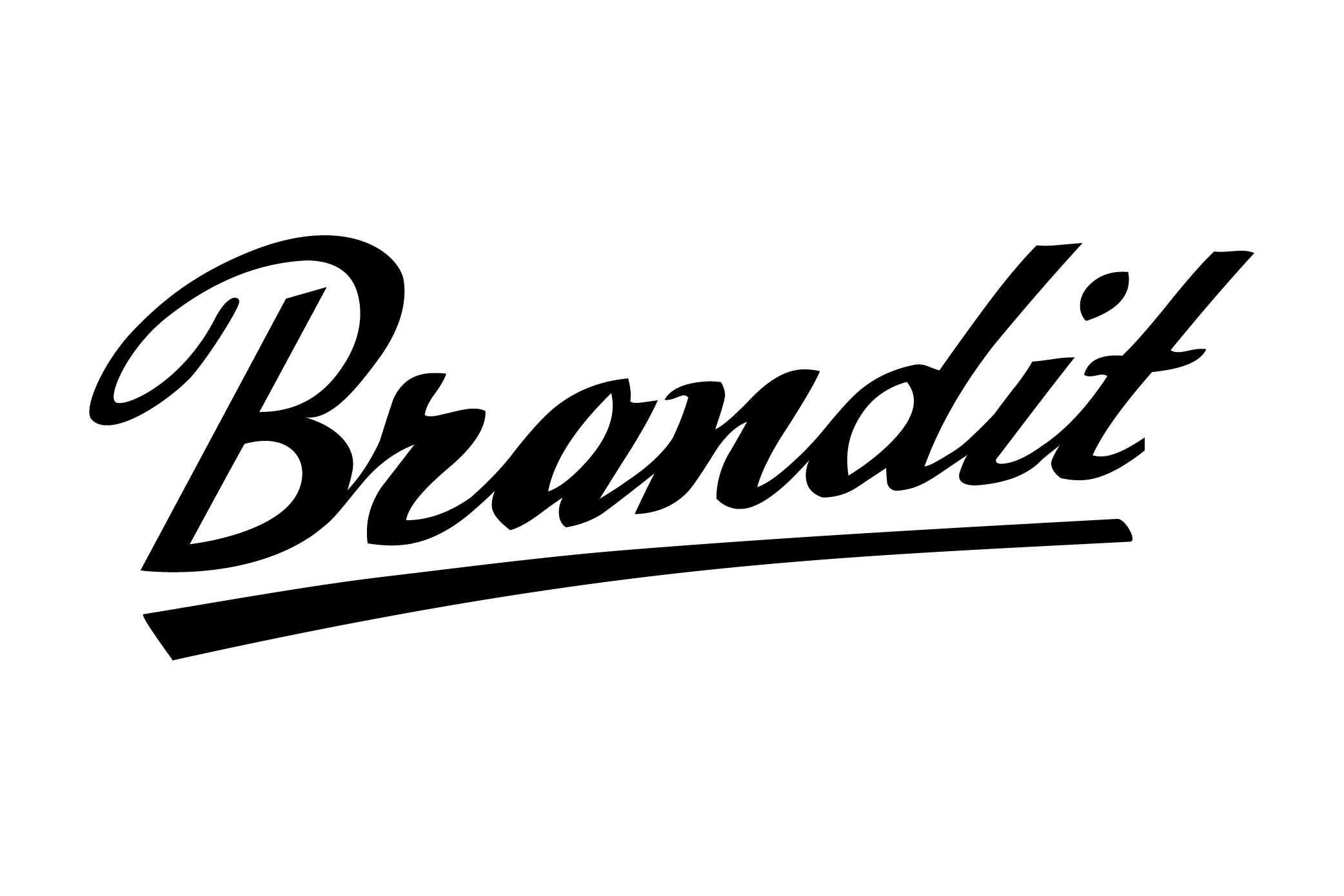 Schwarze, geschwungene Wortmarke „Brandit“ mit schwungvoller Unterstreichung auf weißem Hintergrund.