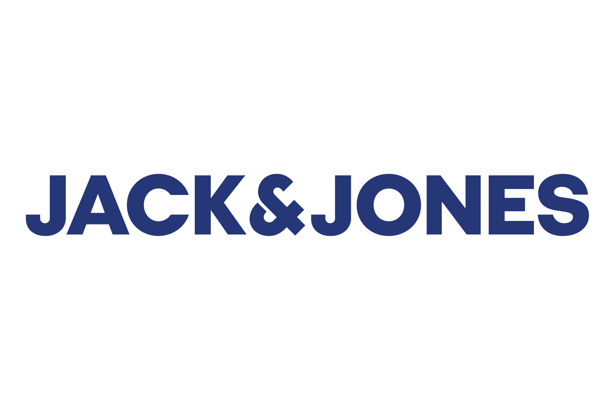 Blaue Wortmarke „JACK & JONES“ auf weißem Hintergrund; klarer Sans-Serif-Schriftzug mit Kaufmanns-&.