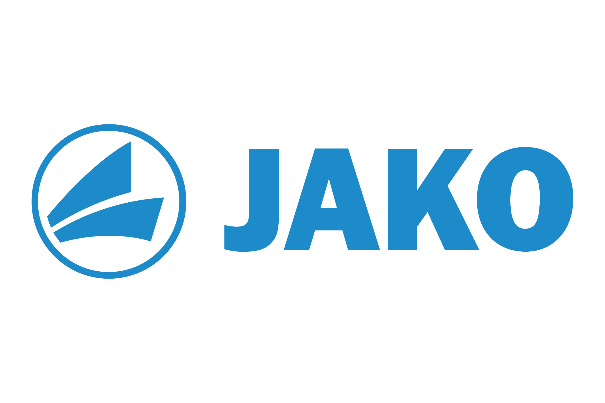 Blaues JAKO-Logo auf weißem Hintergrund: links runder Bildmarke mit zwei dynamischen Formen, rechts Wortmarke „JAKO“.
