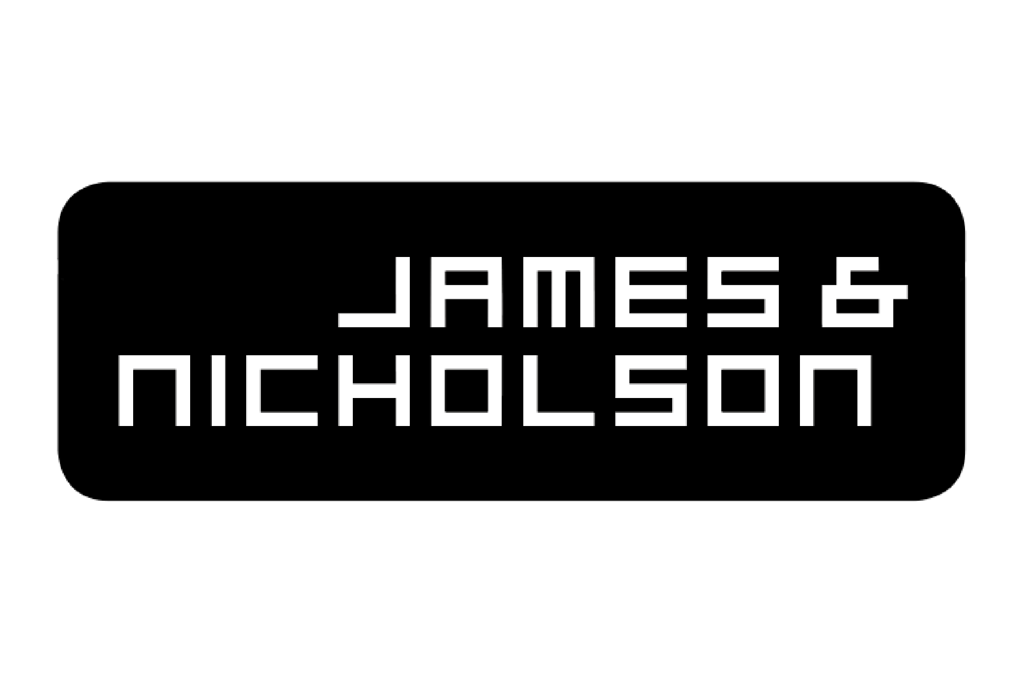 Weiße Wortmarke „JAMES & NICHOLSON“ in eckiger Typo, gesetzt in schwarzem, abgerundetem Rechteck auf weißem Hintergrund.
