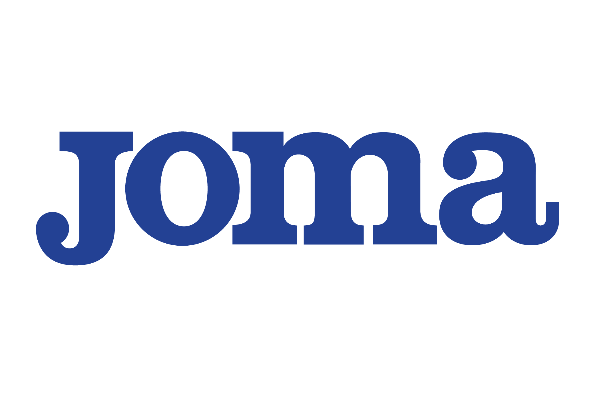 Blaue Wortmarke „joma“ auf weißem Hintergrund; klare Serifenform als Markenlogo.