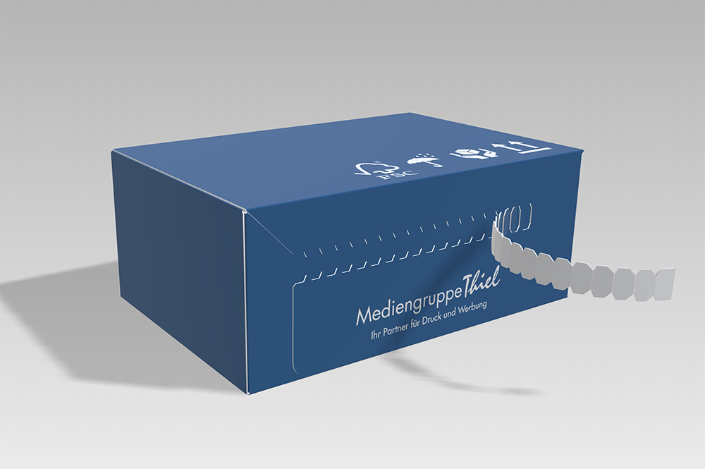 Blaue Versandbox mit Aufreißlasche und Logo der Mediengruppe Thiel, stabile Markenverpackung für Versand und Präsentation.