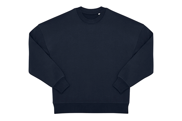 Navyblaues B&C Collection Rundhals-Sweatshirt mit weichen Rippbündchen an Ärmel und Saum, frontale Ansicht freigestellt auf Weiß.