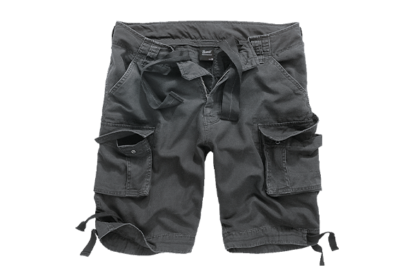 Brandit Cargo Shorts in Schwarz mit vielen Taschen, verstellbarem Bund und Kordelzügen am Bein; Frontansicht freigestellt.