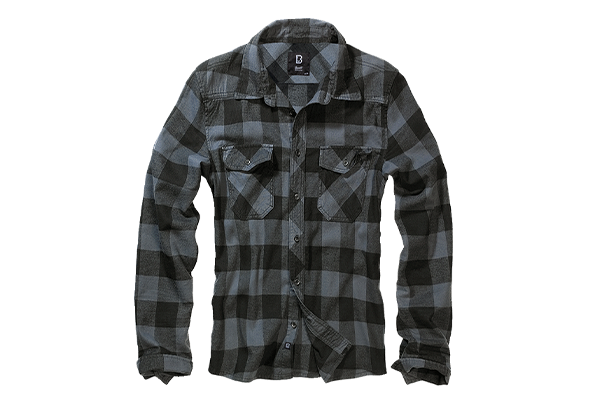 Brandit Flanellhemd in Schwarz/Grau, kariert, lange Ärmel, zwei Brusttaschen mit Klappen, Frontansicht freigestellt.