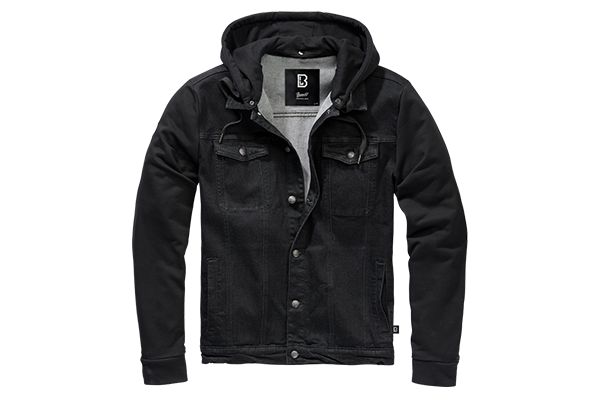 Schwarze Brandit Hybrid-Jacke: Denim-Body, Hoodie-Kapuze und Sweat-Ärmel, Frontansicht freigestellt mit Brust- und Seitentaschen.