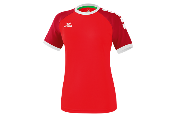 Rotes Erima Damen-Kurzarmtrikot mit bordeauxfarbenen Raglanärmeln und weißen Bündchen, Frontansicht auf Weiß.