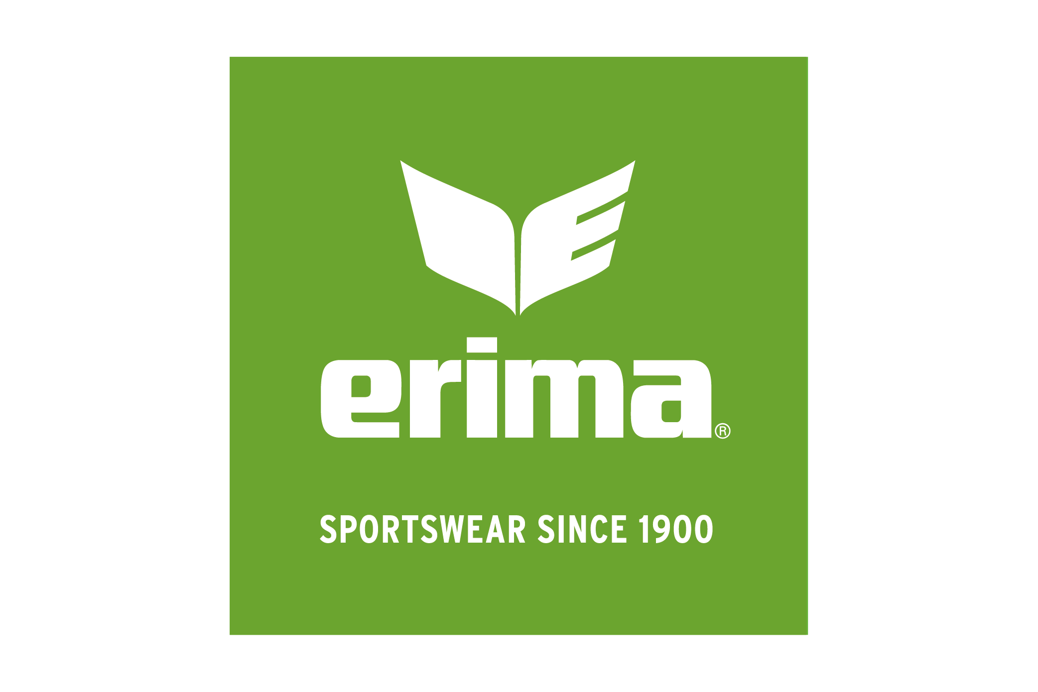 Weißes erima-Logo im grünen Rechteck mit Blatt-/Flügel-Bildmarke und Claim „SPORTSWEAR SINCE 1900“.