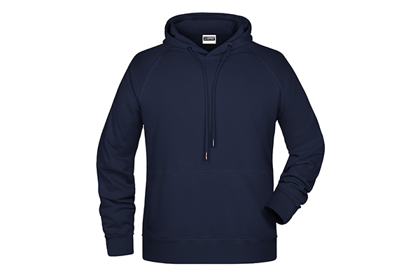 Navyblauer James & Nicholson Hoodie mit Kängurutasche, Kordeln und Raglanärmeln, frontale Ansicht freigestellt auf Weiß.
