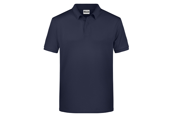 Navyblaues James & Nicholson Polo-Shirt mit kurzer Knopfleiste und Kragen, kurze Ärmel, frontale Ansicht freigestellt auf Weiß.