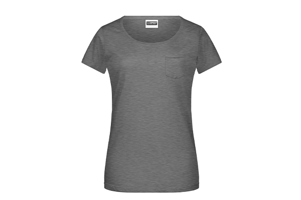 Graues Damen T-Shirt von James & Nicholson mit Rundhals und kleiner Brusttasche, kurze Ärmel, frontale Ansicht freigestellt auf Weiß.