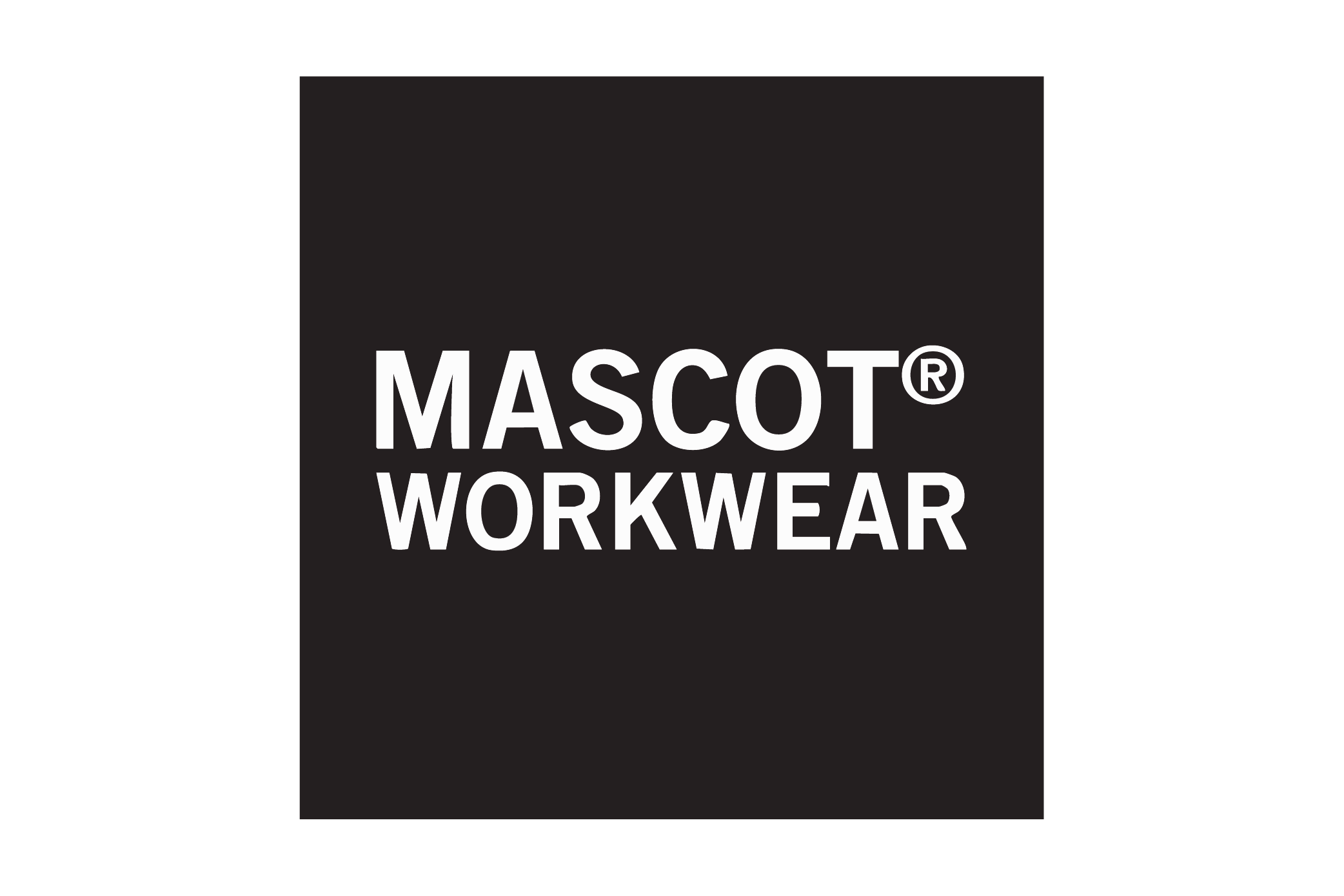 Weiße Wortmarke „MASCOT® WORKWEAR“ im schwarzen Quadrat, klare Sans-Serif-Typo auf weißem Seitenrand.
