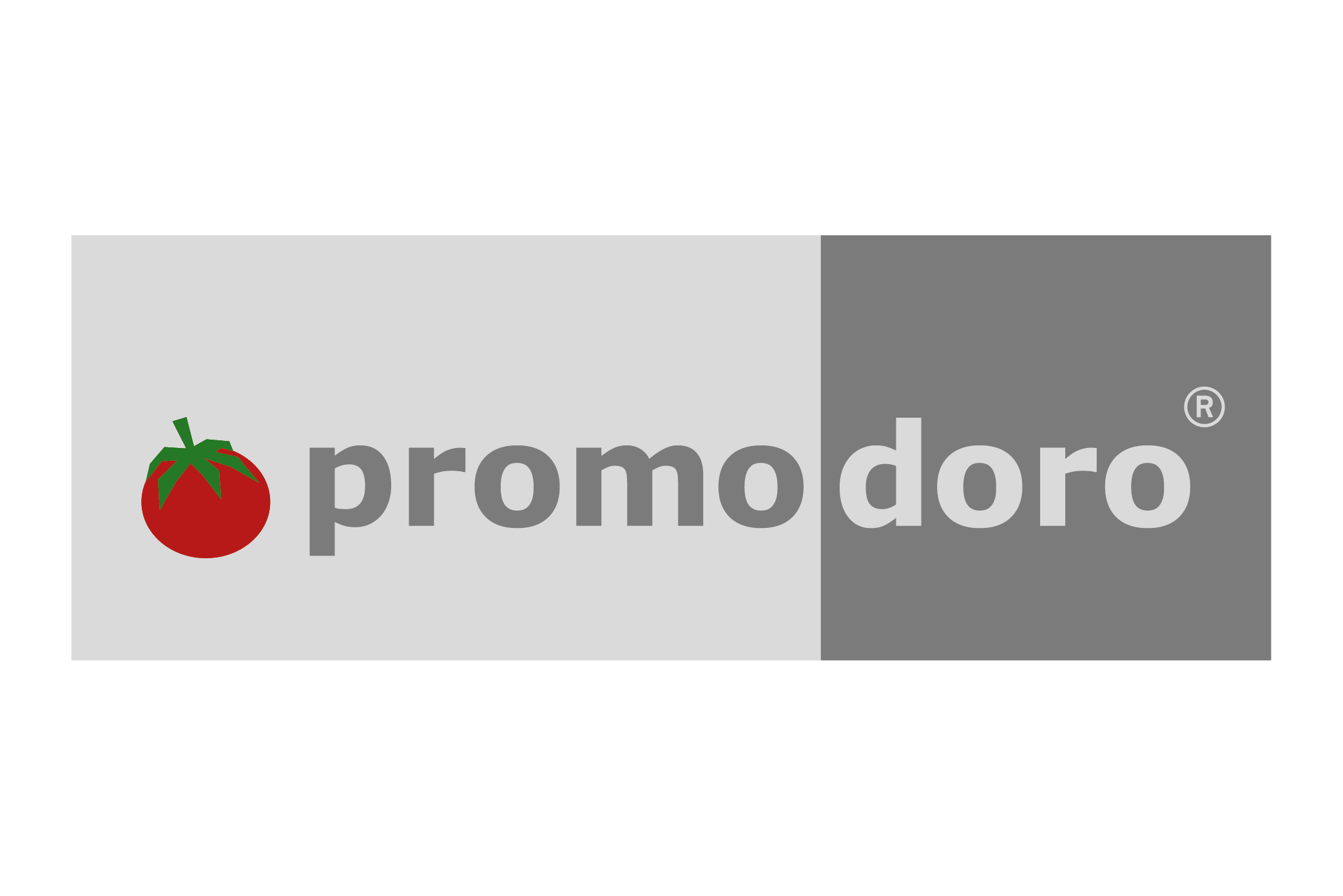 promodoro-Logo mit roter Tomaten-Bildmarke links und grauer Wortmarke auf zweigeteiltem grauen Hintergrund (hell/dunkel).
