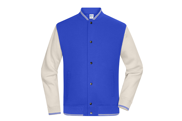 Royalblaue Daiber College-Jacke mit beigen Ärmeln – ideal zur Veredelung mit Logo, Namen oder Nummern.