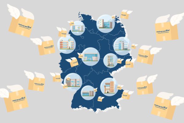Illustration Deutschlands mit Standorten und fliegenden Versandkartons der Mediengruppe Thiel als Symbol für bundesweiten Full-Service-Versand.