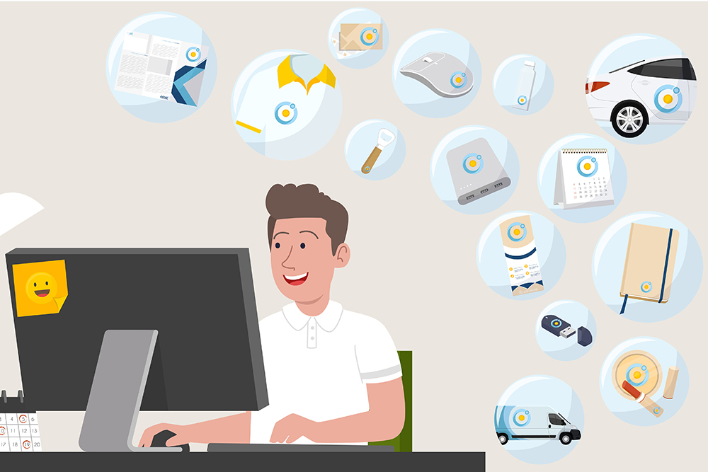 Illustration eines Mitarbeiters am Schreibtisch, umgeben von Symbolen für zahlreiche gebrandete Werbemittel und Druckprodukte.