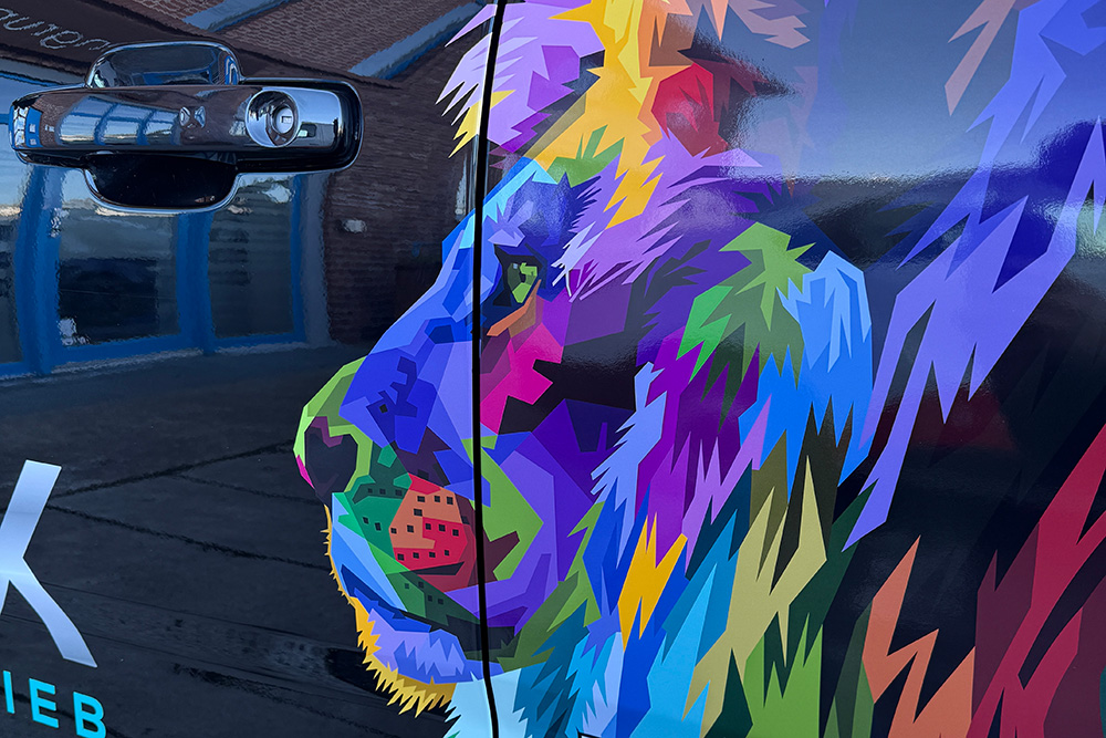 Detailaufnahme einer bunten Löwen-Illustration als glänzende Fahrzeugfolie auf einem Transporter.