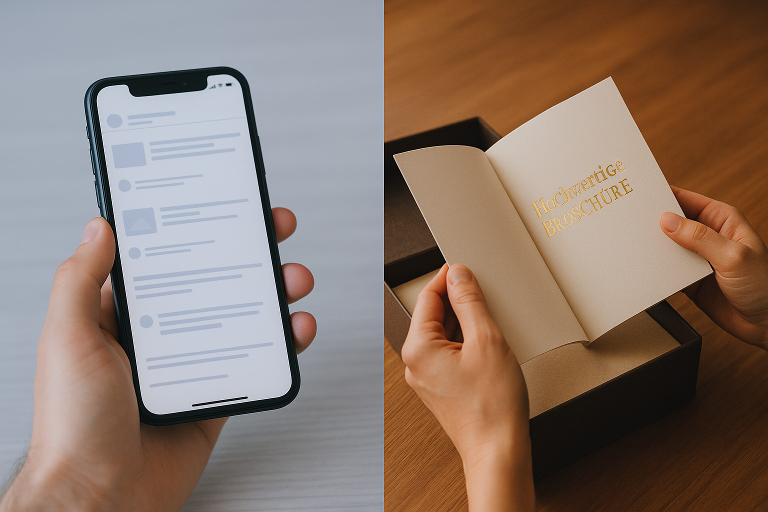 Smartphone mit Nachrichtenliste neben Händen, die eine geöffnete hochwertige Broschüre mit goldener Prägung halten.