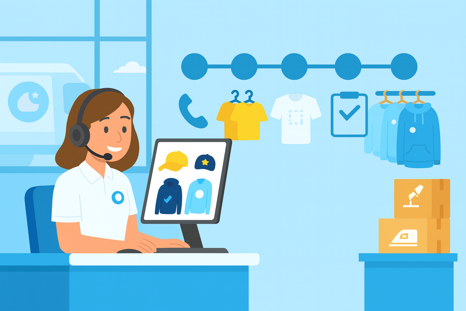 Illustration: Beraterin mit Headset erklärt Teamwear-Ablauf – Auswahl, Design, Muster, Freigabe, Produktion und Versand mit Boxen.