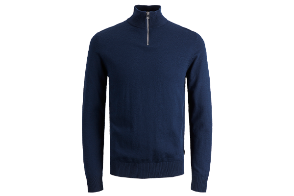 Navyfarbener Jack & Jones Half-Zip-Pullover – ideal für Logo-Stick, Ton-in-Ton Branding und Corporate Wear.