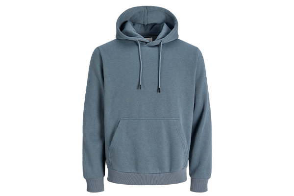 Blaugrauer Jack & Jones Hoodie mit Kängurutasche – ideal für Logo-Stick, DTF-Transfer oder Patches als Team- und Firmenbekleidung.